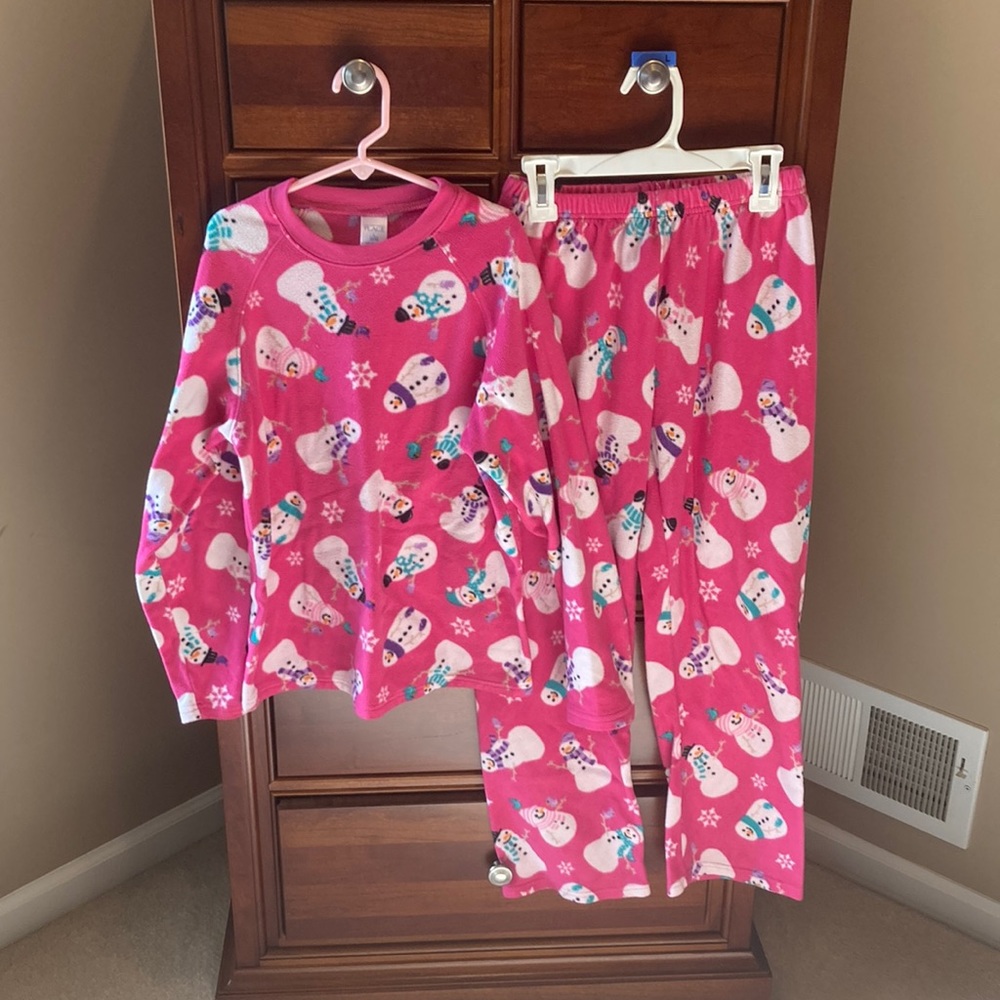 The Children’s Place girls fleece pajama set, sz large, size 10-12, pink snowmen